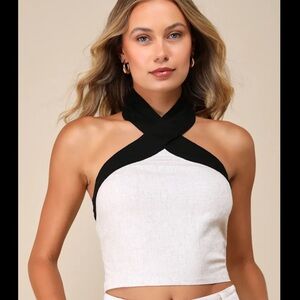 Lulu's Beige Color Block Linen Halter Crop Top, size M